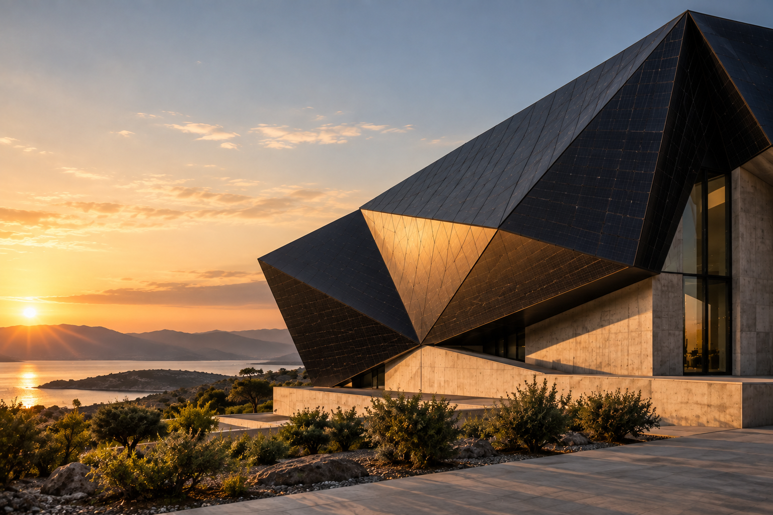Angular building with solar following its facets (illustrative concept)