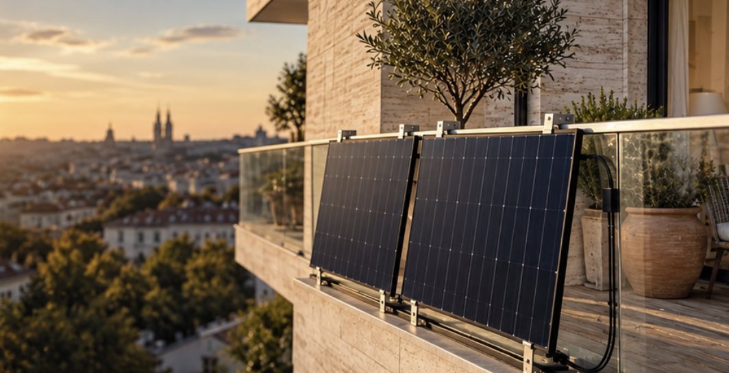 Solar modules integrated into a building balcony